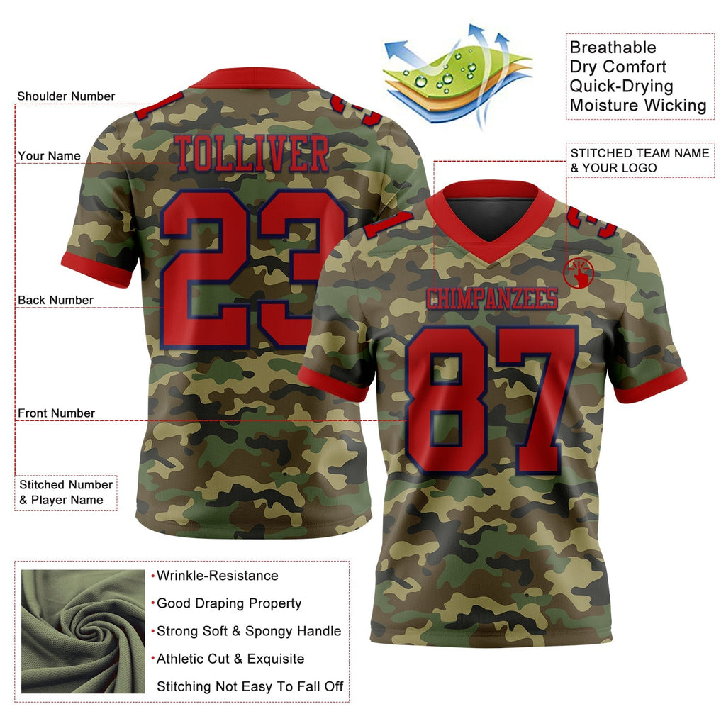 Custom Football Jersey - Camo Red-Navy 3D Pattern Salute To Service