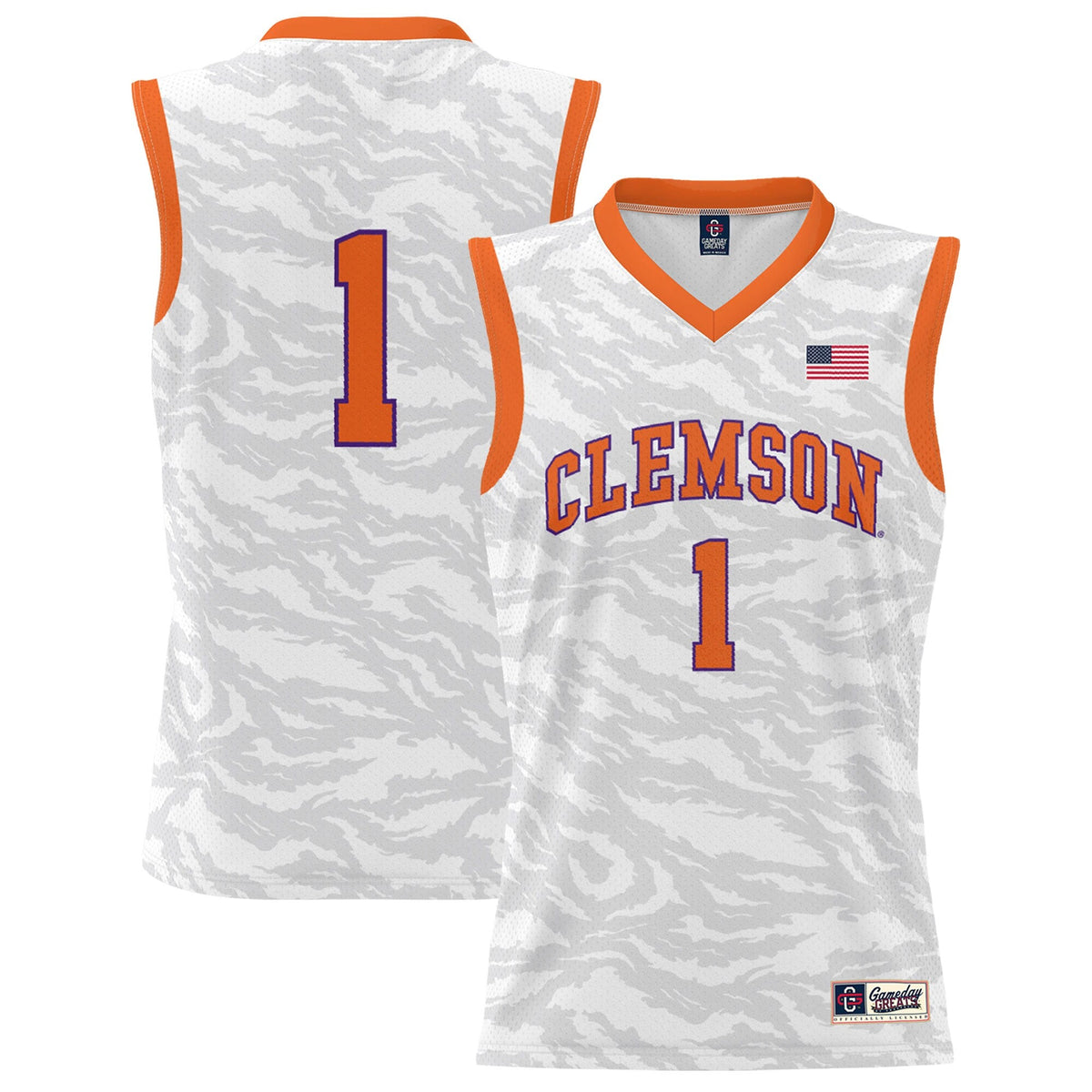 #1 Clemson Tigers Lightweight Tiger Print Basketball Jersey - White