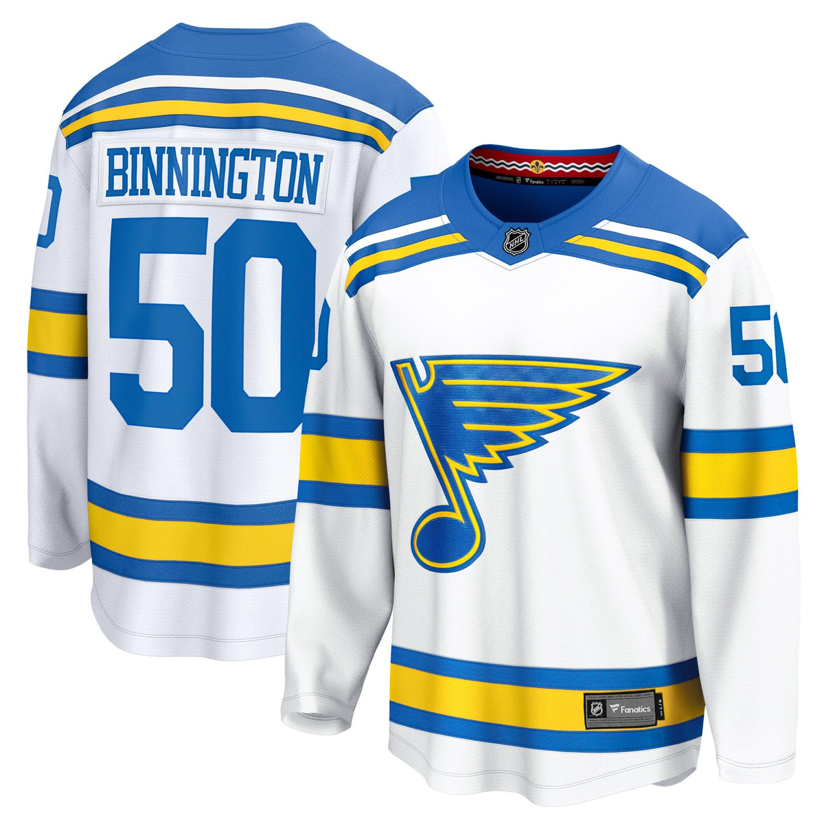 St. Louis Blues Jordan Binnington White Away Breakaway Player Hockey Jersey