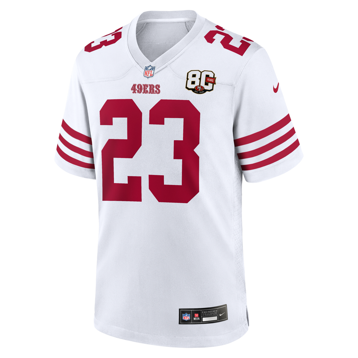 San Francisco 49ers Christian McCaffrey White 80th Anniversary Game Football Jersey