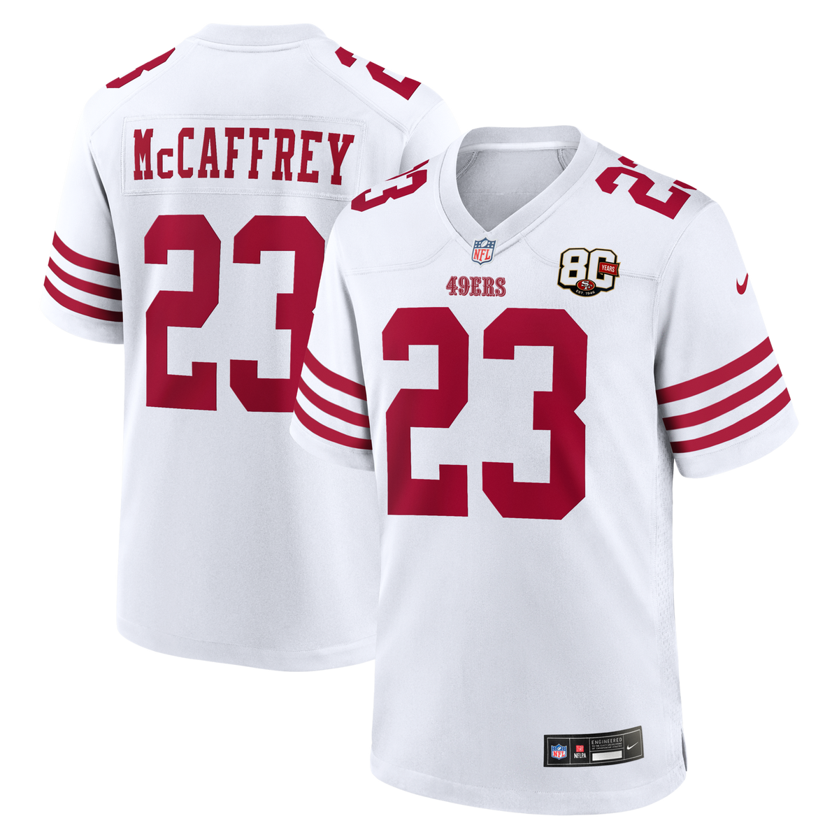 San Francisco 49ers Christian McCaffrey White 80th Anniversary Game Football Jersey
