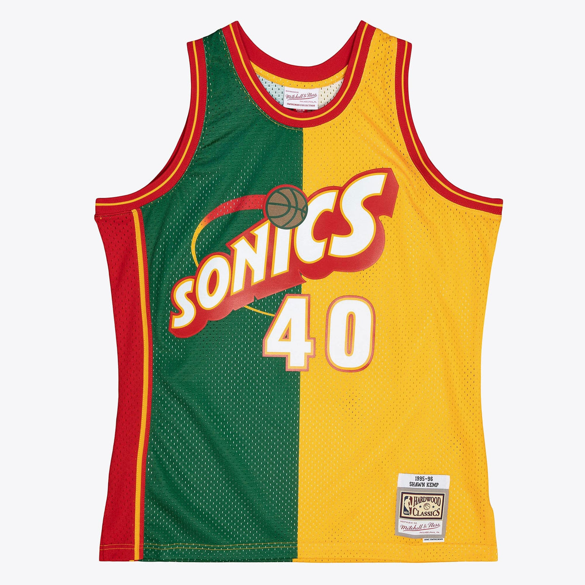 Seattle Supersonics Shawn Kemp 1995 Split Swingman Jersey - Green/Yellow