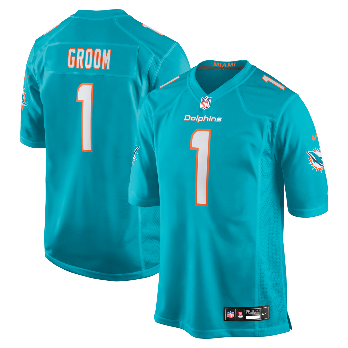 Miami Dolphins Number 1 Groom Aqua Game Football Jersey