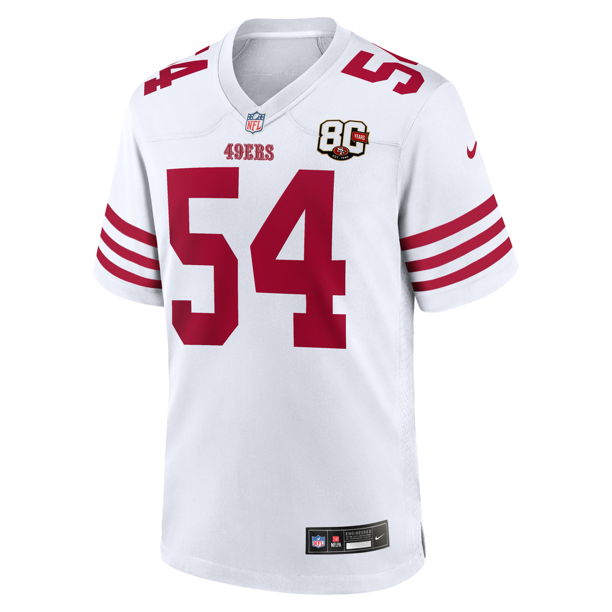 San Francisco 49ers Fred Warner White 80th Anniversary Game Football Jersey