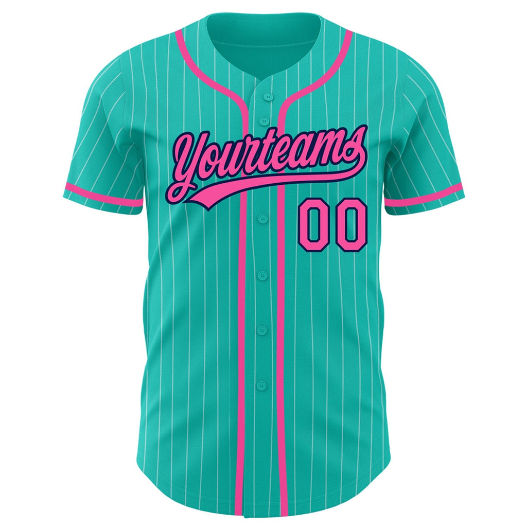 Custom Baseball Jersey - Aqua White Pinstripe Pink-Navy