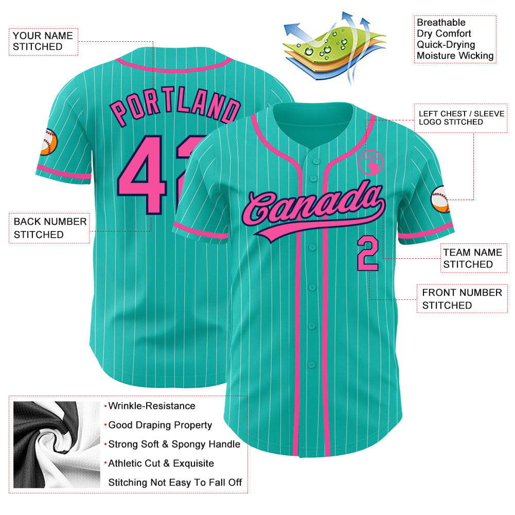Custom Baseball Jersey - Aqua White Pinstripe Pink-Navy