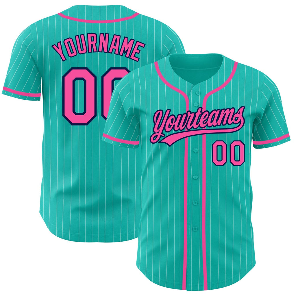 Custom Baseball Jersey - Aqua White Pinstripe Pink-Navy