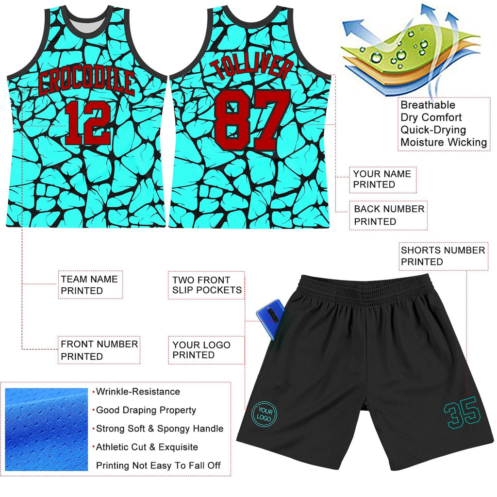 Custom Basketball Jersey - Aqua Red-Black Abstract Network Round Neck Sublimation Set