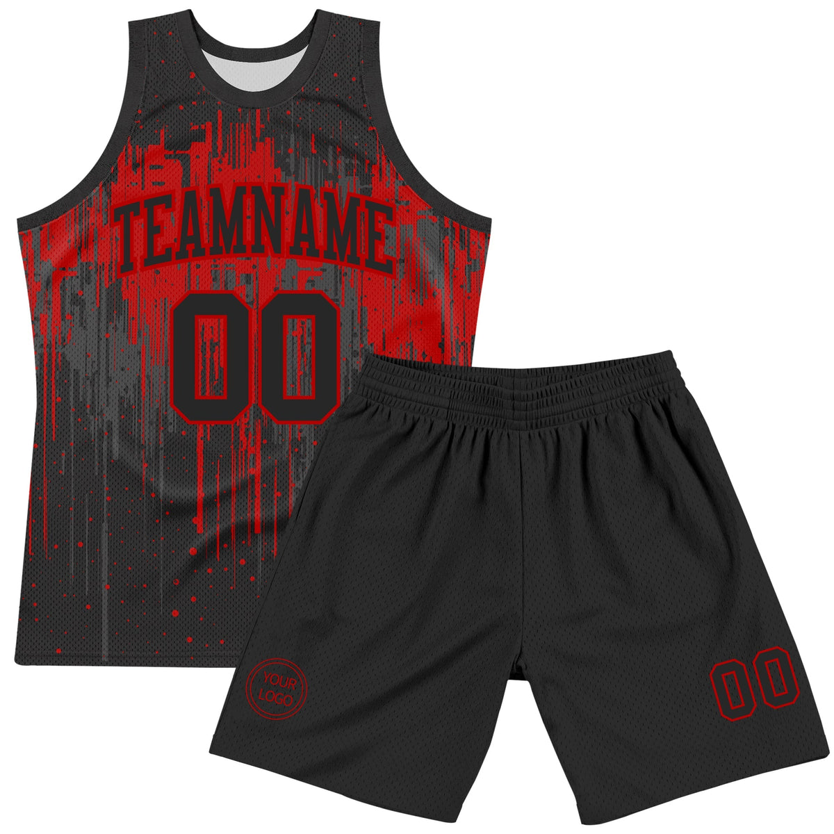 Custom Basketball Jersey - Black Red Dripping Splatter Art Round Neck Sublimation Set