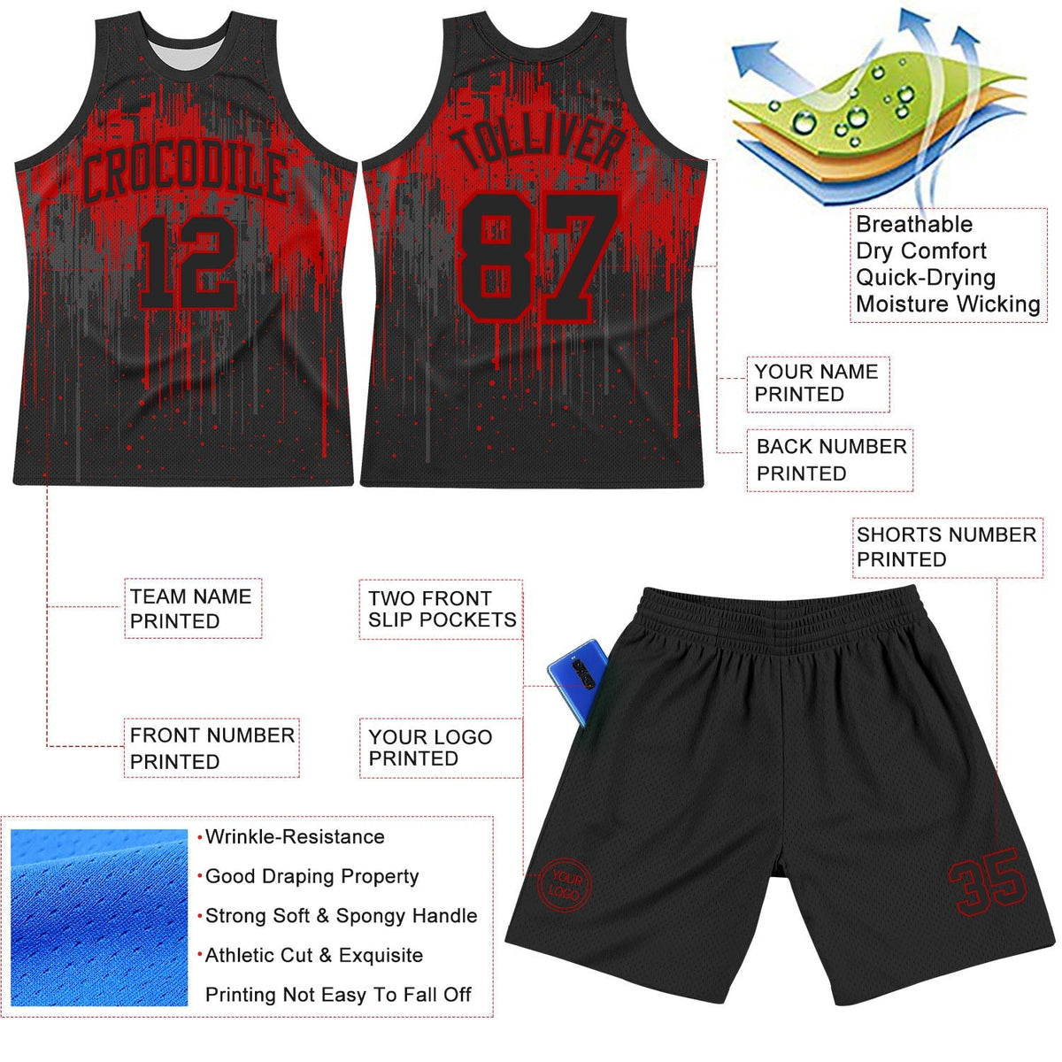Custom Basketball Jersey - Black Red Dripping Splatter Art Round Neck Sublimation Set