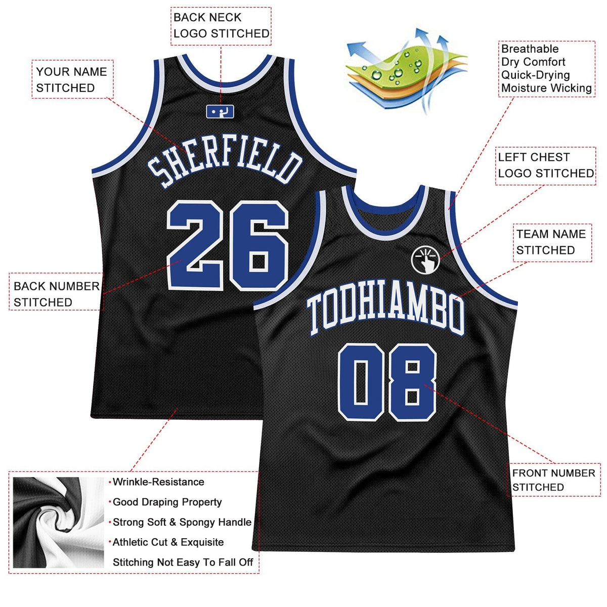 Custom Basketball Jersey - Black Royal-White Throwback - Style Black0287