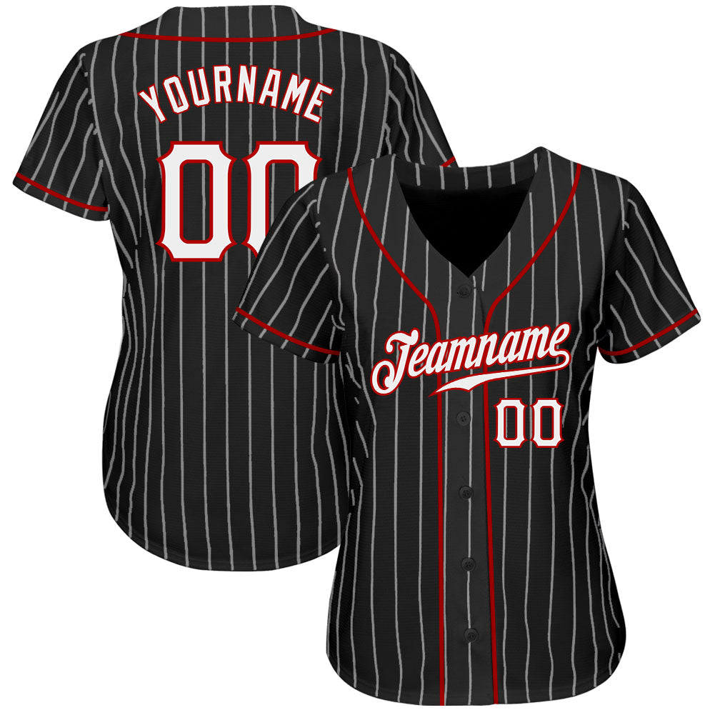 Custom Baseball Jersey - Black White Pinstripe White-Red