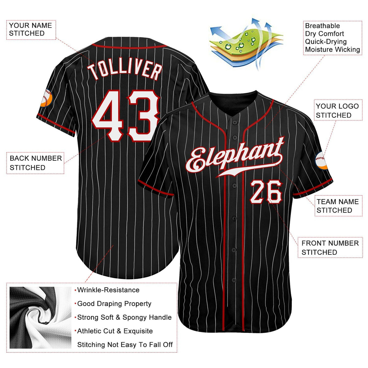 Custom Baseball Jersey - Black White Pinstripe White-Red