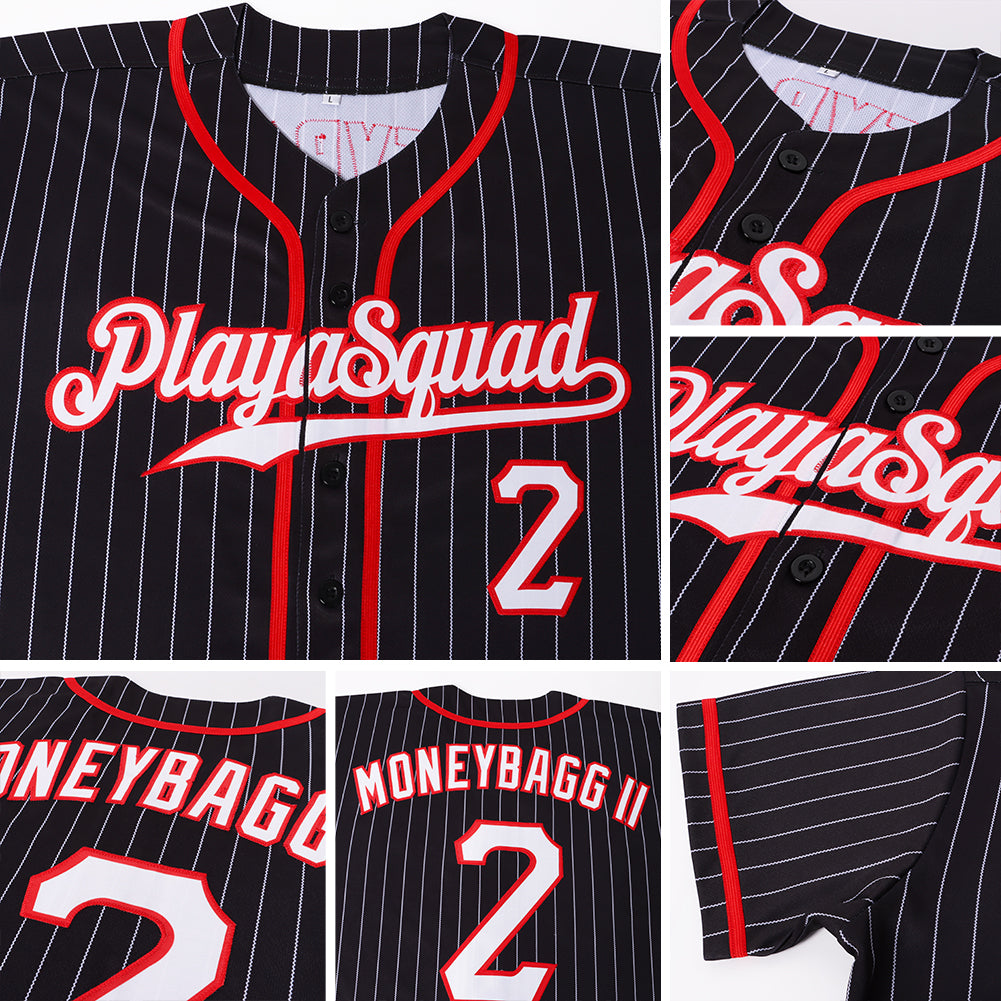 Custom Baseball Jersey - Black White Pinstripe White-Red