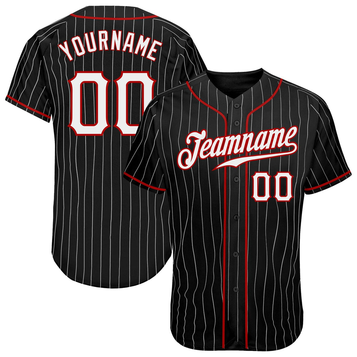 Custom Baseball Jersey - Black White Pinstripe White-Red