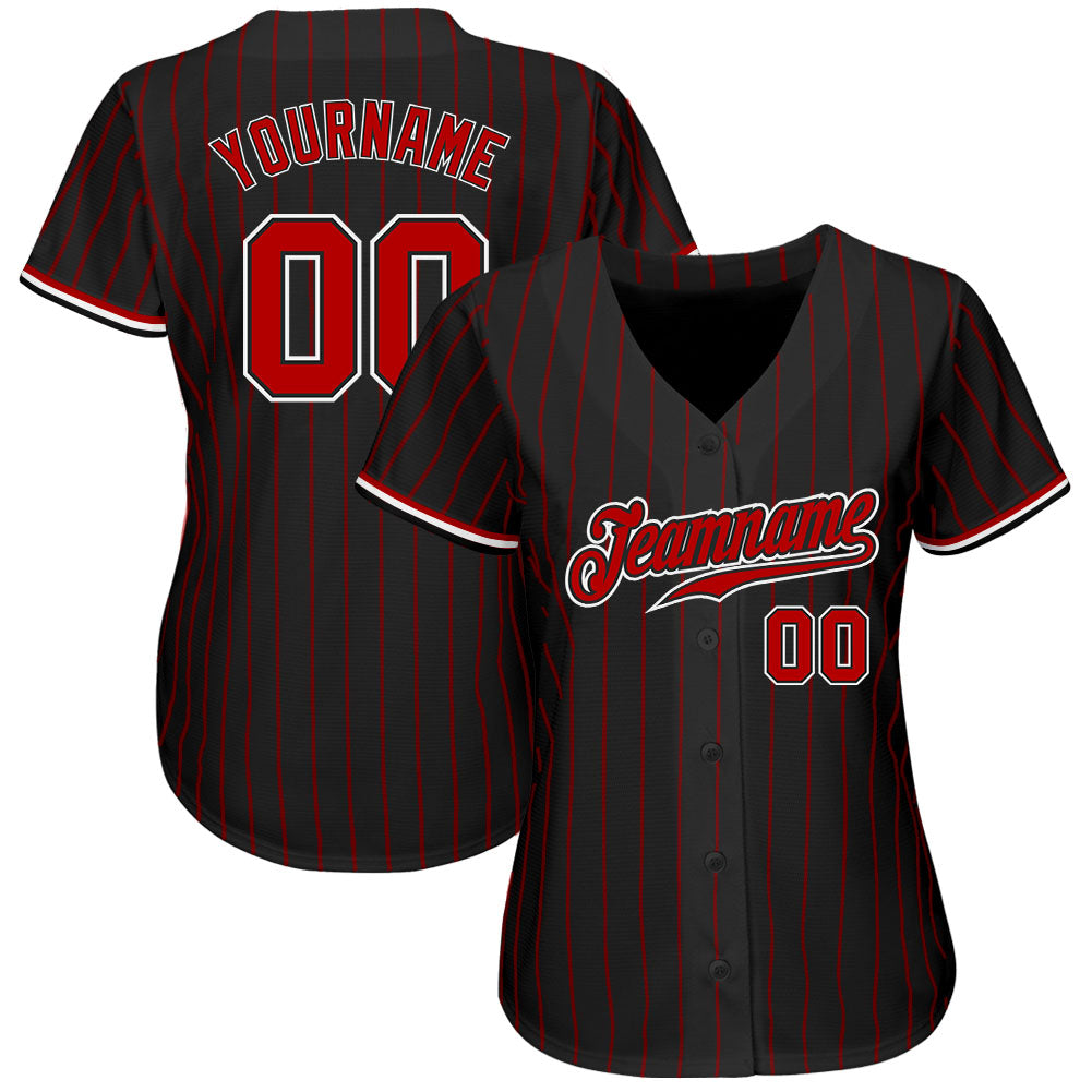Custom Baseball Jersey - Black Red Pinstripe Red-White - Style Black0377