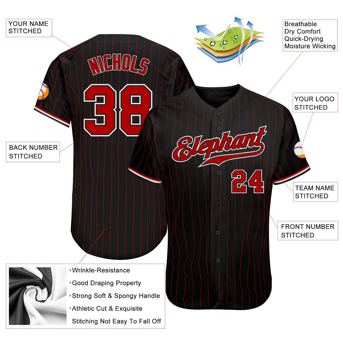 Custom Baseball Jersey - Black Red Pinstripe Red-White - Style Black0377