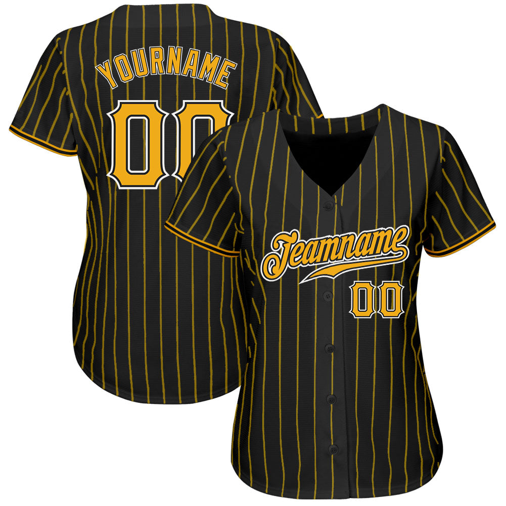 Custom Baseball Jersey - Black Gold Pinstripe Gold-White