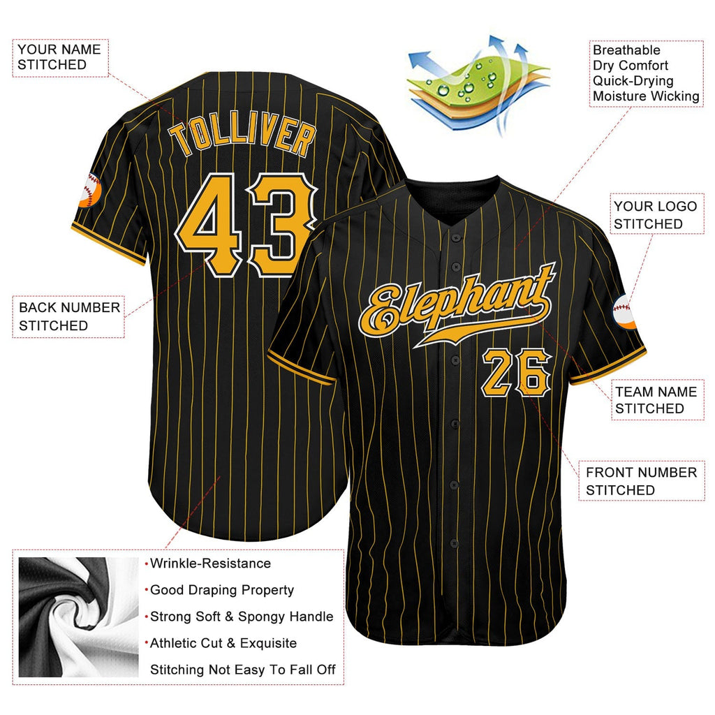Custom Baseball Jersey - Black Gold Pinstripe Gold-White