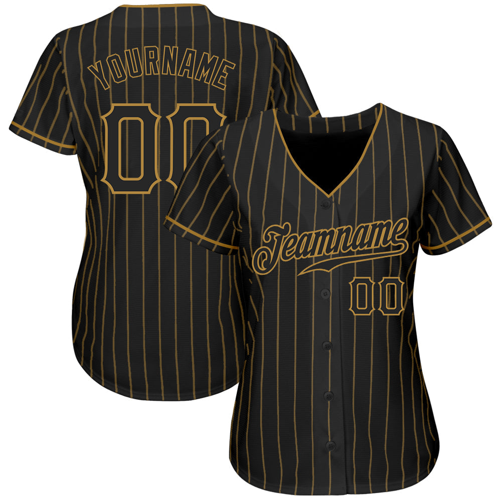 Custom Baseball Jersey - Black Old Gold Pinstripe Black