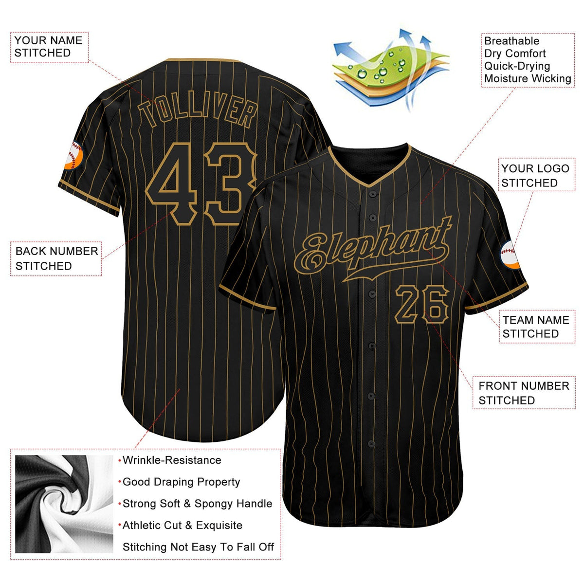 Custom Baseball Jersey - Black Old Gold Pinstripe Black