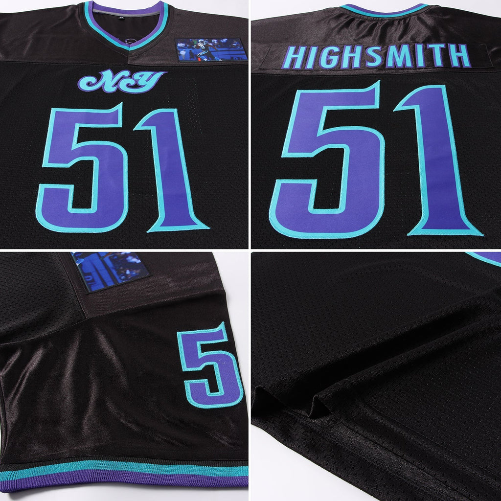 Custom Football Jersey - Black Purple-Aqua Mesh Throwback
