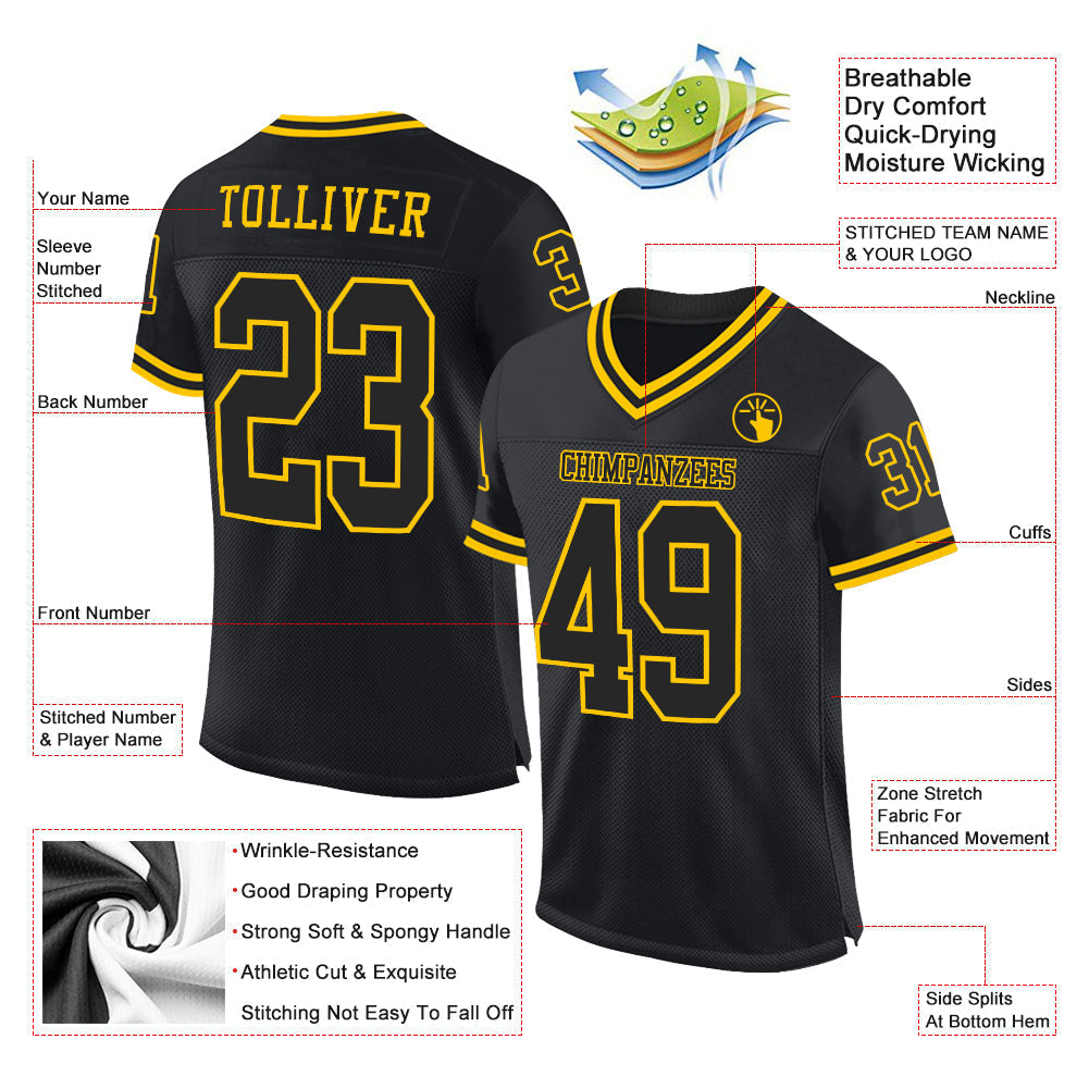 Custom Football Jersey - Black Black-Gold Mesh Throwback