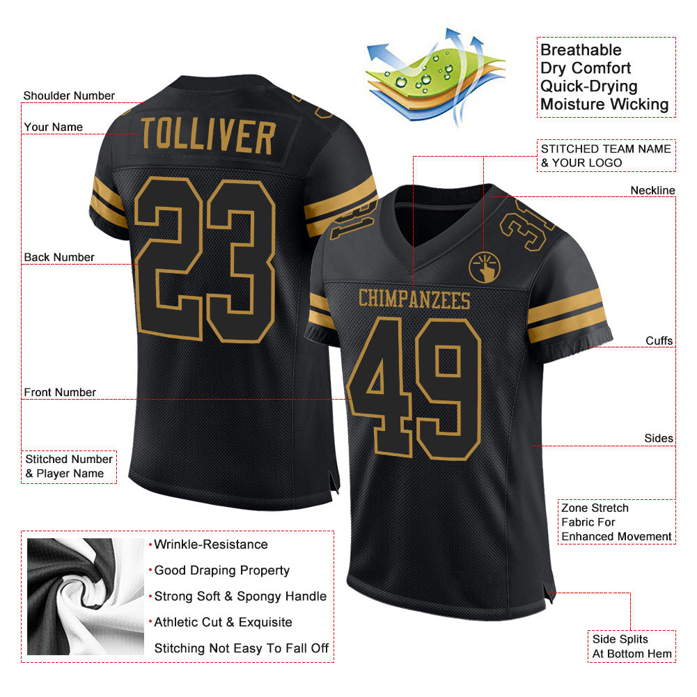 Custom Football Jersey - Black Black-Old Gold Mesh