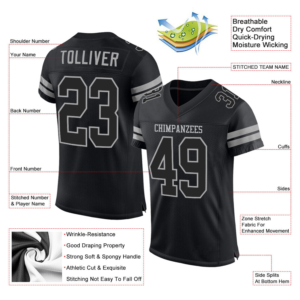Custom Football Jersey - Black Black-Gray Mesh