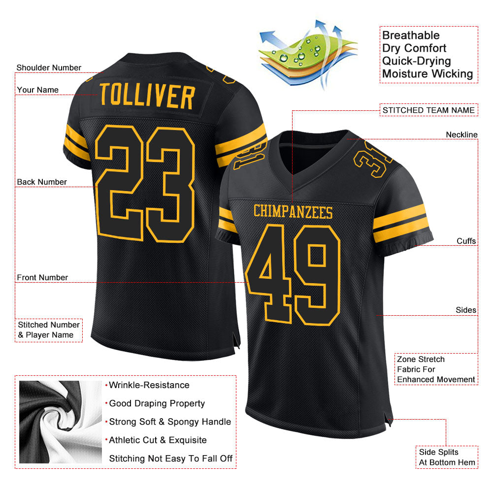 Custom Football Jersey - Black Black-Gold Mesh