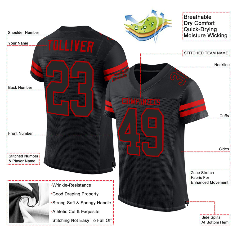 Custom Football Jersey - Black Black-Red Mesh