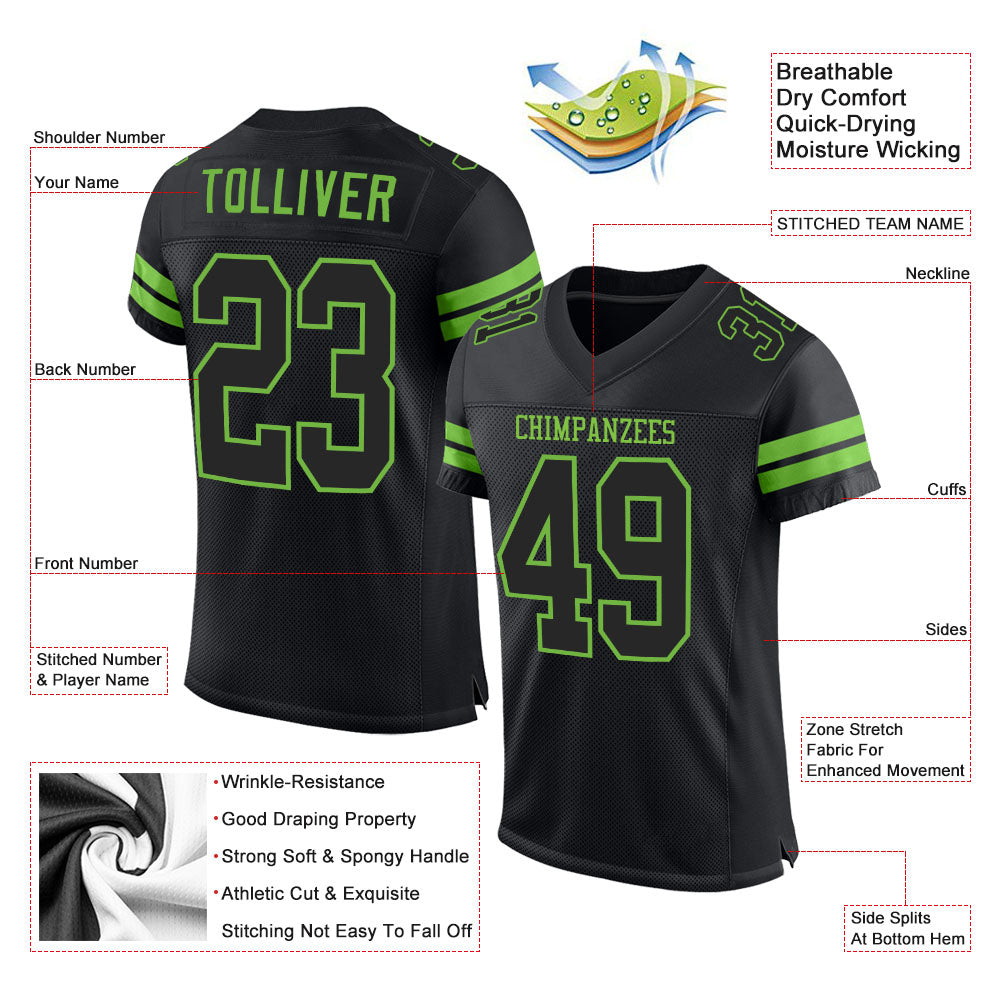 Custom Football Jersey - Black Black-Neon Green Mesh