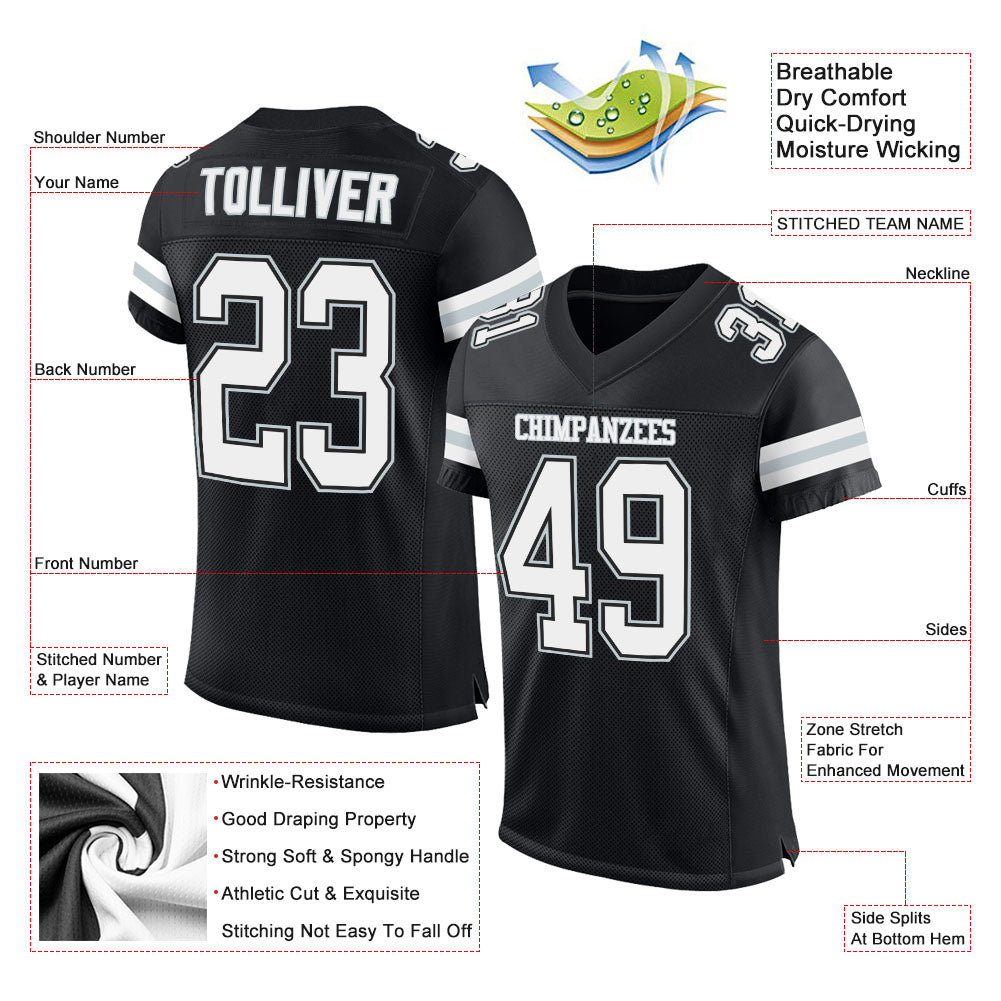 Custom Football Jersey - Black White-Silver Mesh - Style Black0526