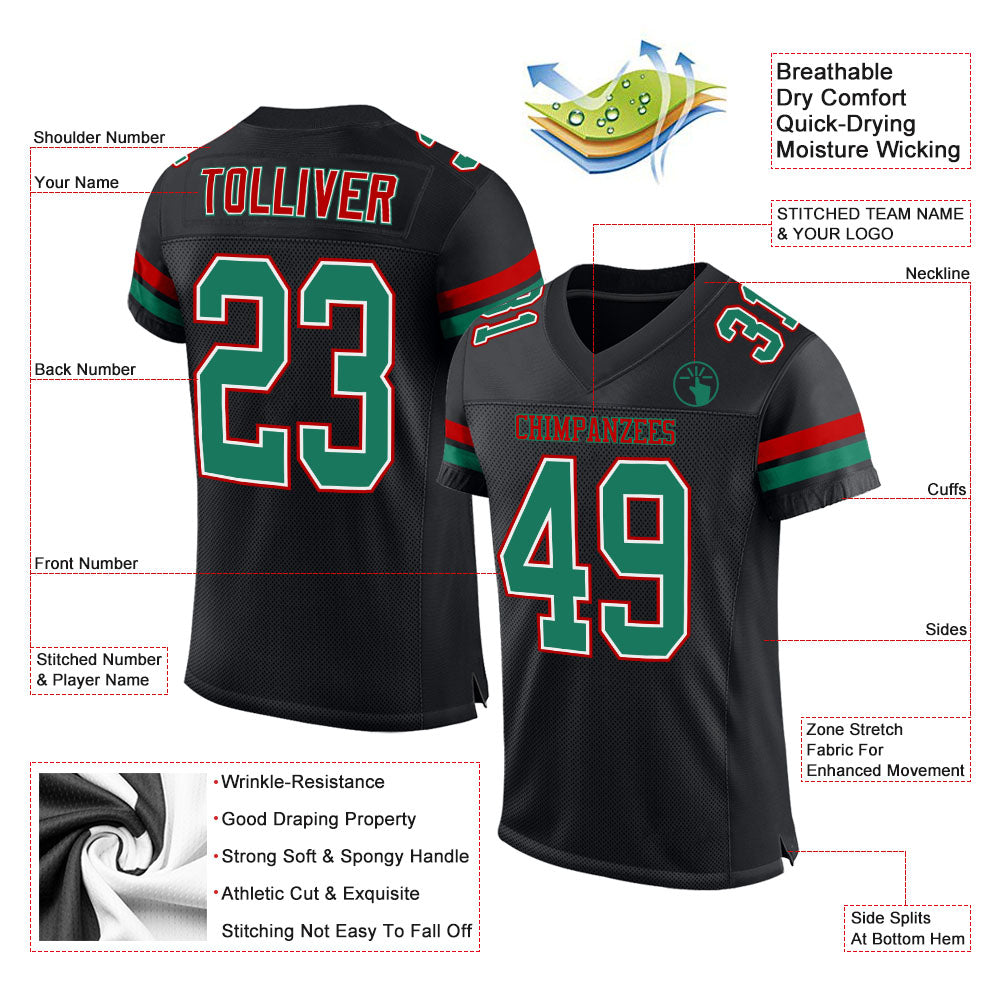 Custom Football Jersey - Black Kelly Green-Red Mesh