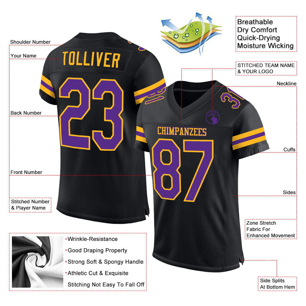 Custom Football Jersey - Black Purple-Gold Mesh
