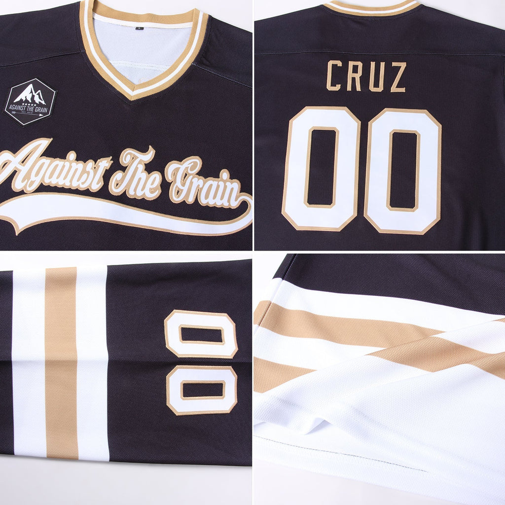 Custom Hockey Jersey - Black White-Old Gold