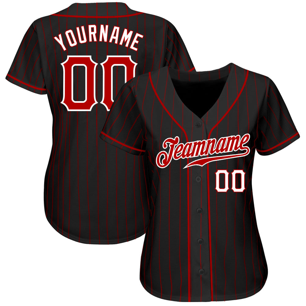 Custom Baseball Jersey - Black Red Pinstripe Red-White - Style Black0943