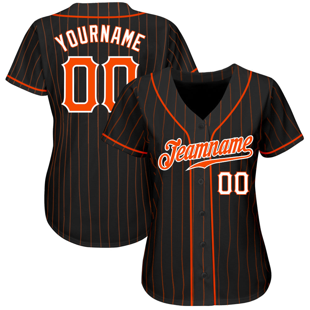 Custom Baseball Jersey - Black Orange Pinstripe Orange-White