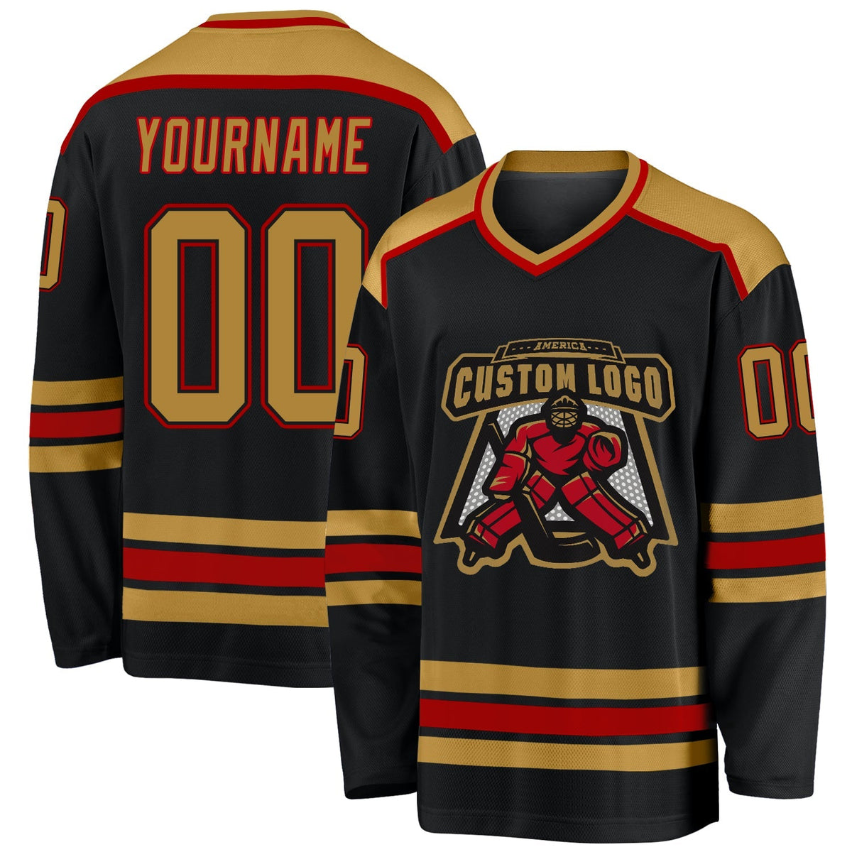 Custom Hockey Jersey - Black Old Gold-Red - Style Black1023