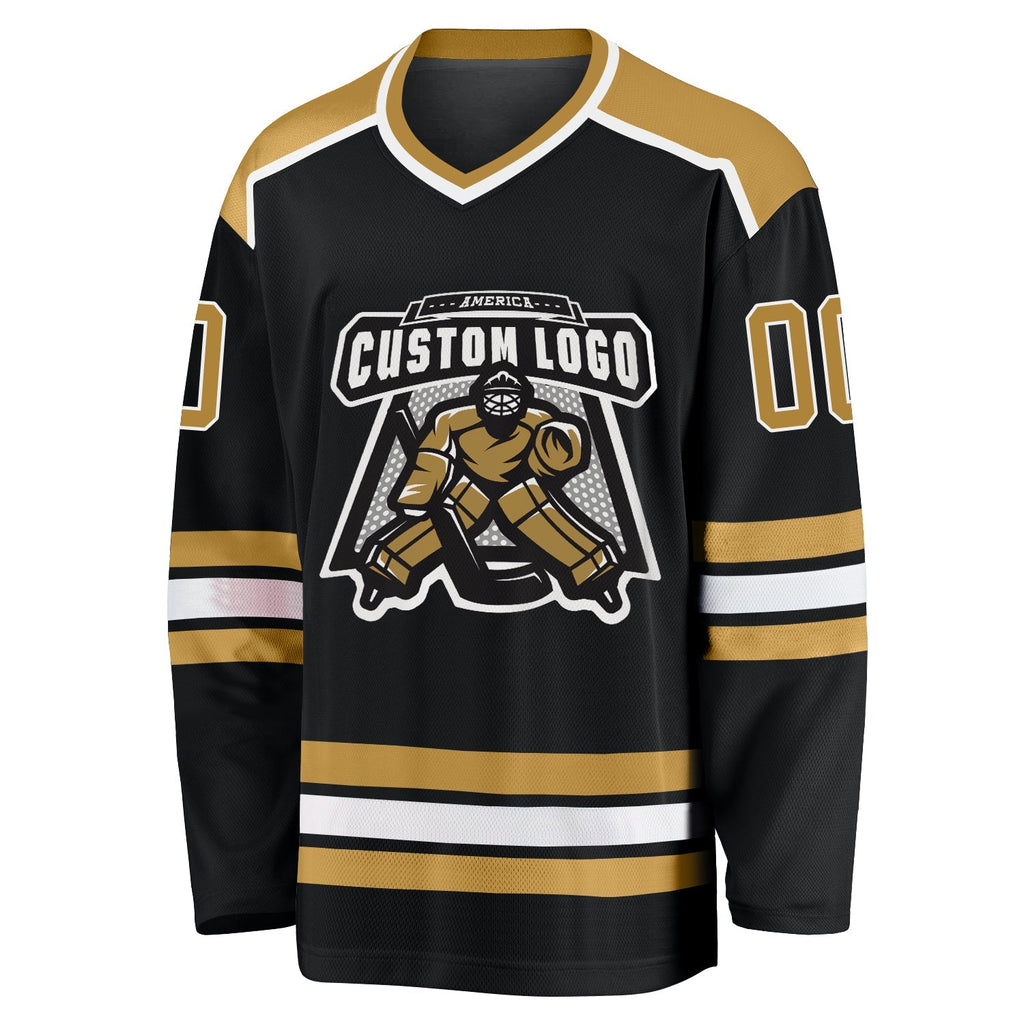 Custom Hockey Jersey - Black Old Gold-White