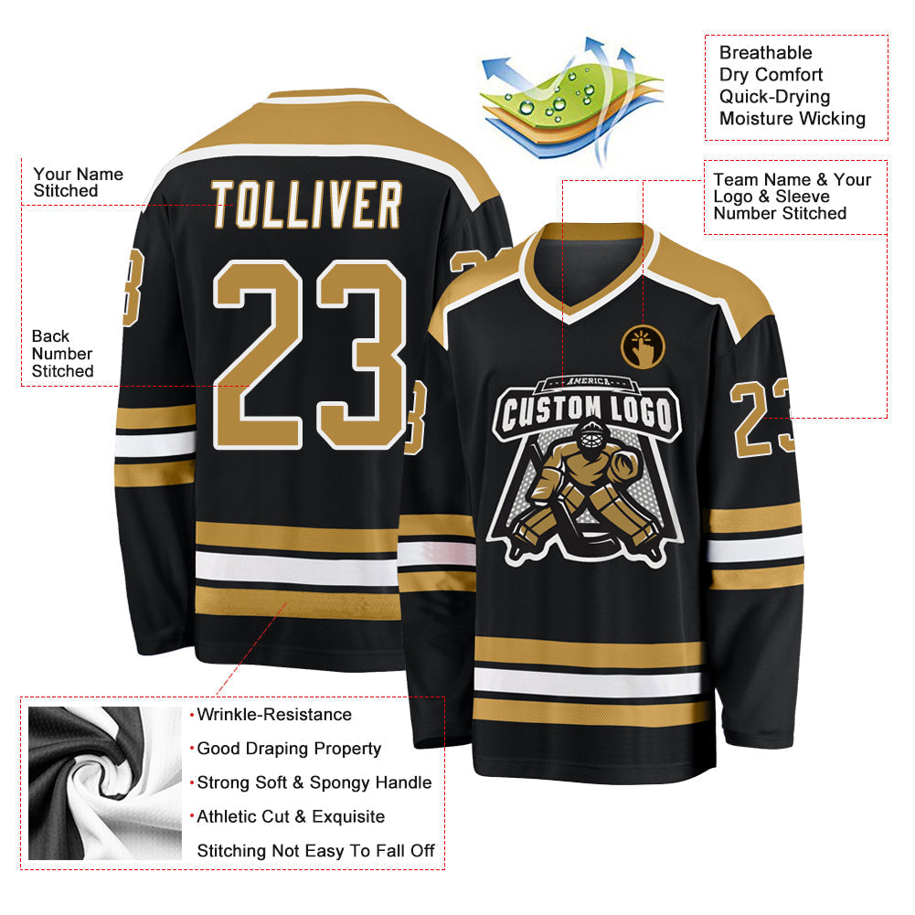 Custom Hockey Jersey - Black Old Gold-White