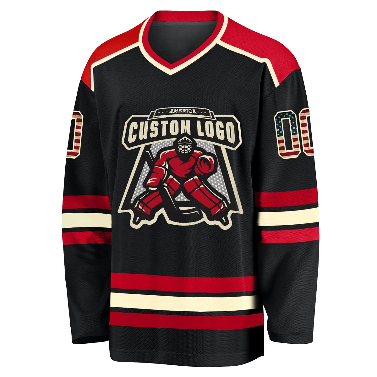 Custom Hockey Jersey - Black Vintage USA Flag Cream-Red
