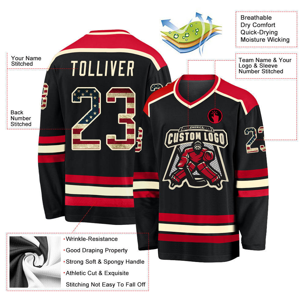 Custom Hockey Jersey - Black Vintage USA Flag Cream-Red