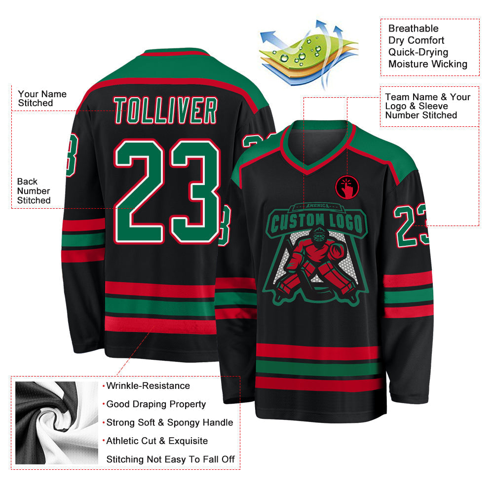 Custom Hockey Jersey - Black Kelly Green White-Red