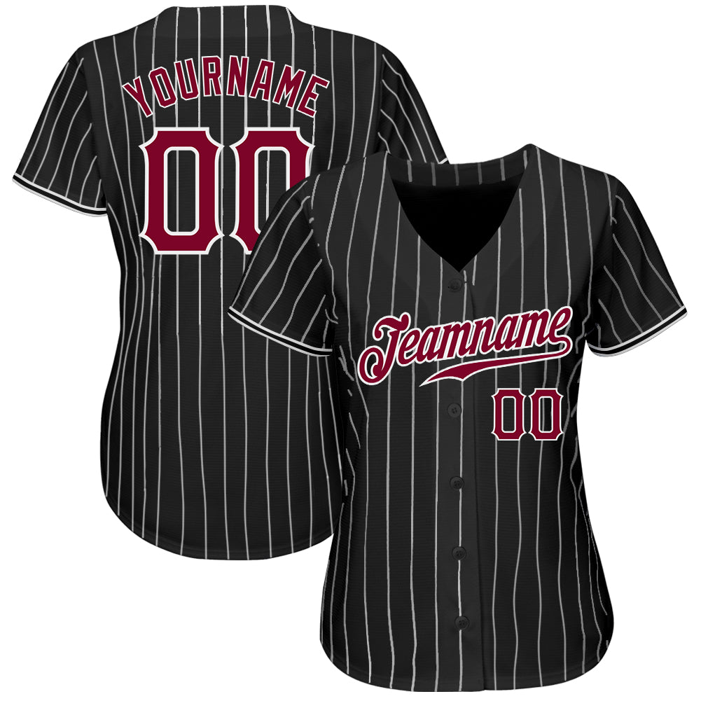 Custom Baseball Jersey - Black White Pinstripe Maroon-White