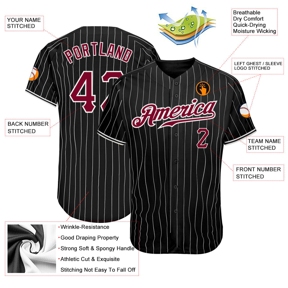 Custom Baseball Jersey - Black White Pinstripe Maroon-White