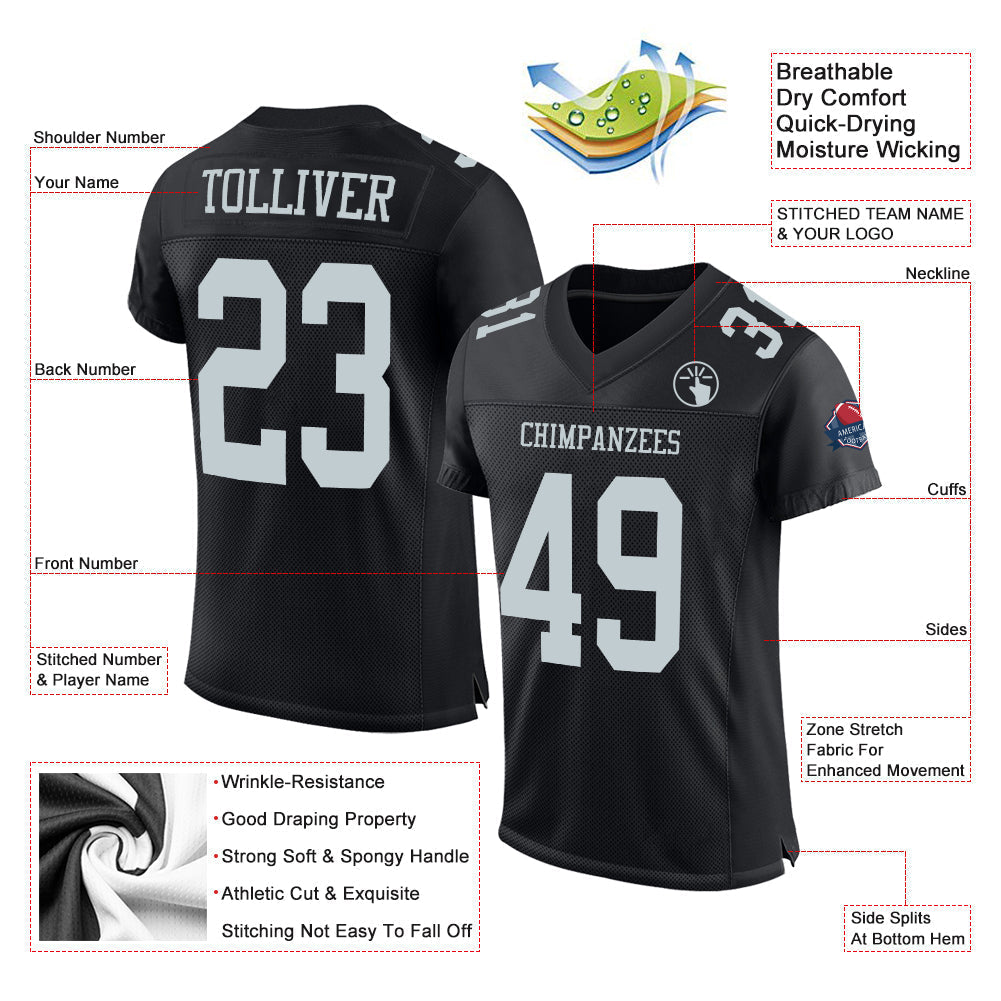 Custom Football Jersey - Black Silver Mesh