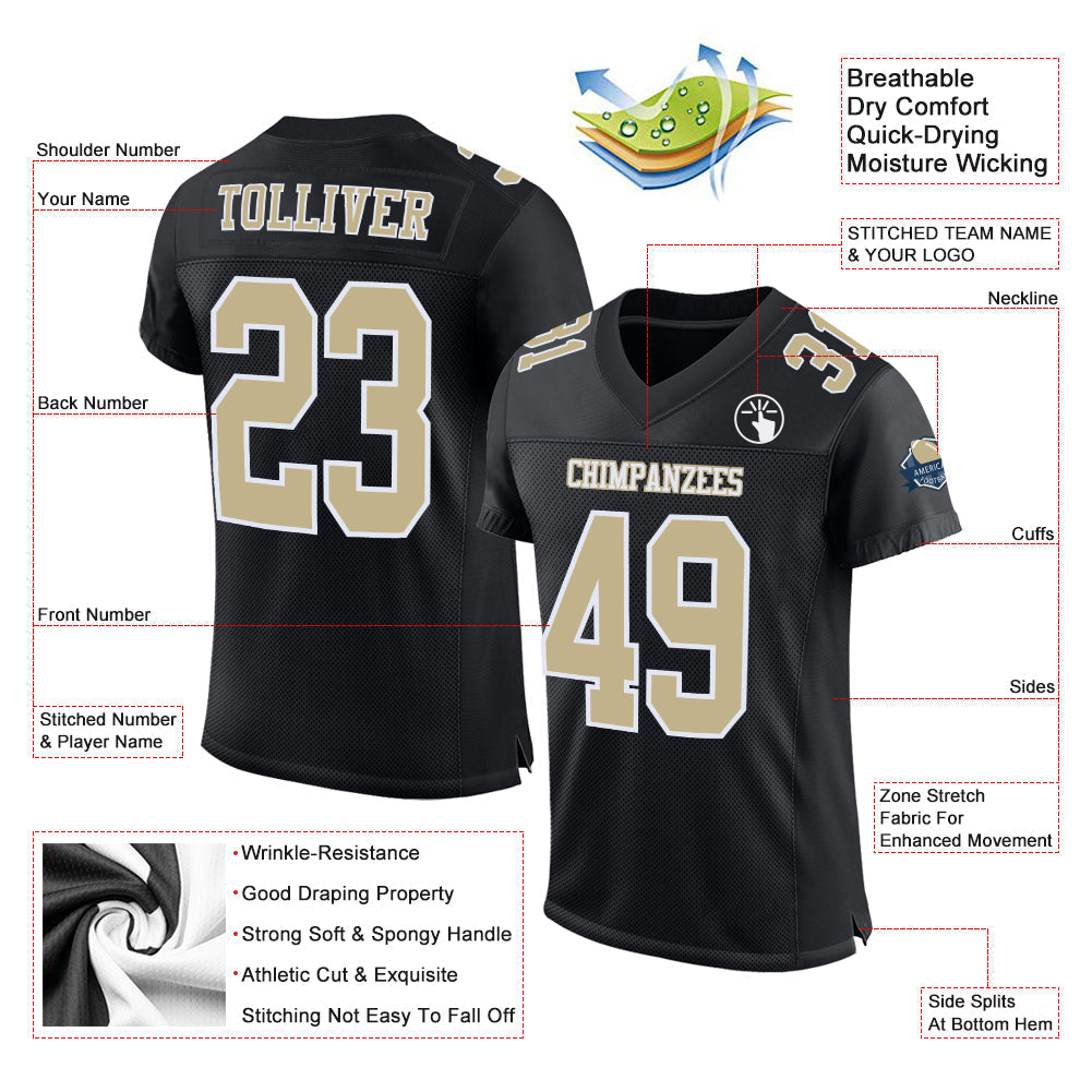 Custom Football Jersey - Black Vegas Gold-White Mesh - Style Black1064