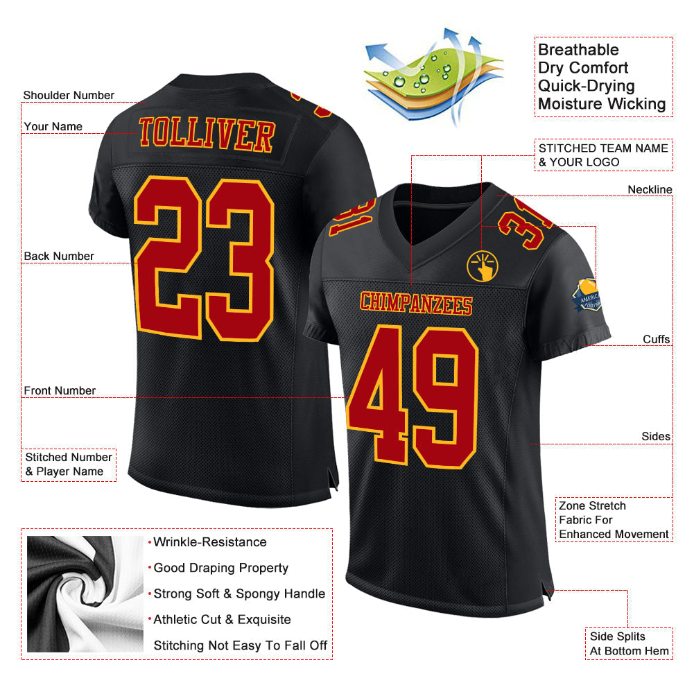 Custom Football Jersey - Black Red-Gold Mesh