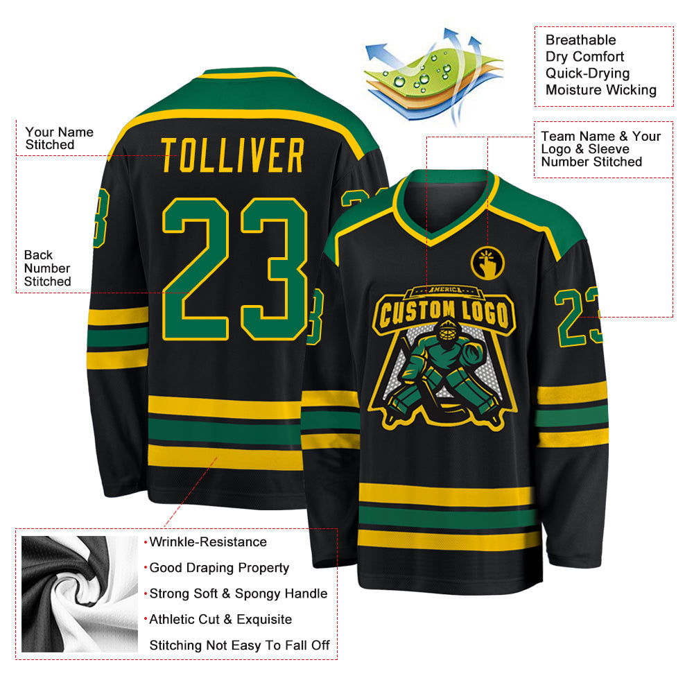 Custom Hockey Jersey - Black Kelly Green-Gold